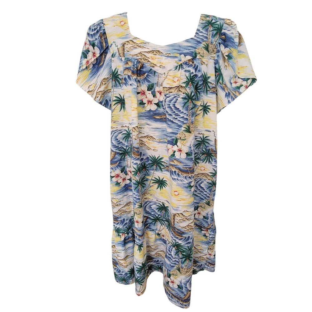 Vintage KYS‎ Hawaiian 3XL House Dress Pocket Tropical Floral Print Muu Muu Petal